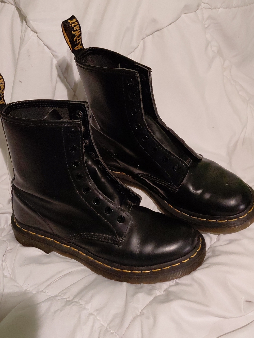 Dr. Martens Black Leather 8-Eye Boots with Yellow Stitching